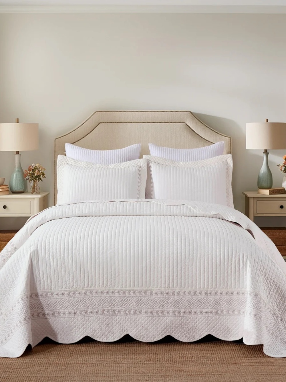 3 PIECE 100% COTTON WHITE STRIPE QUILT SET – CLASSIC EMBROIDERED BEDSPREAD